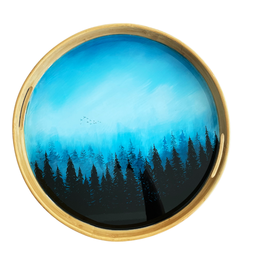 Bamboo Tray - Hand painted - Misty Forest Painting (#03)