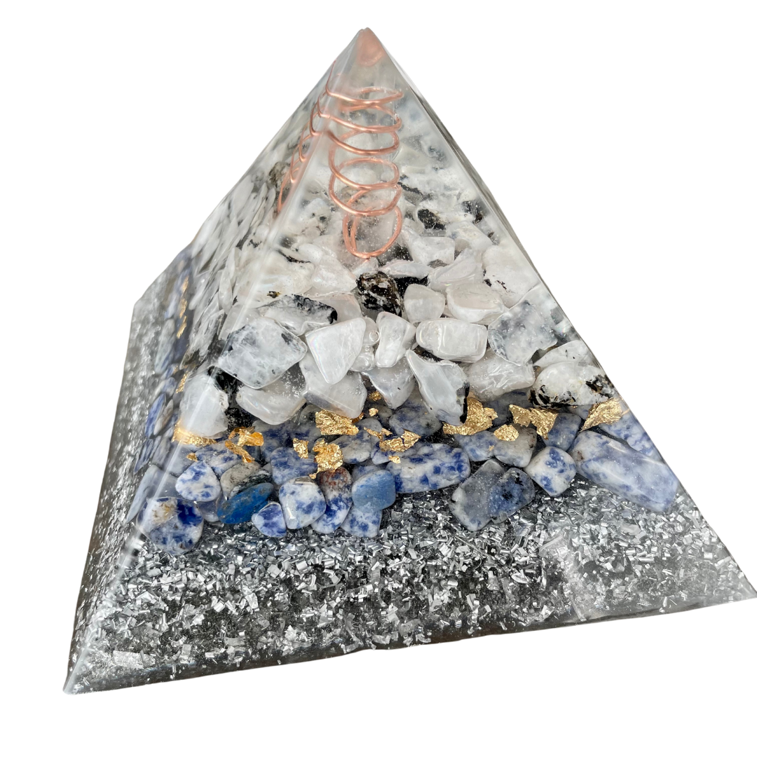 Gemstone Orgone Pyramid - Moonstone, Sodalite and Clear Quartz
