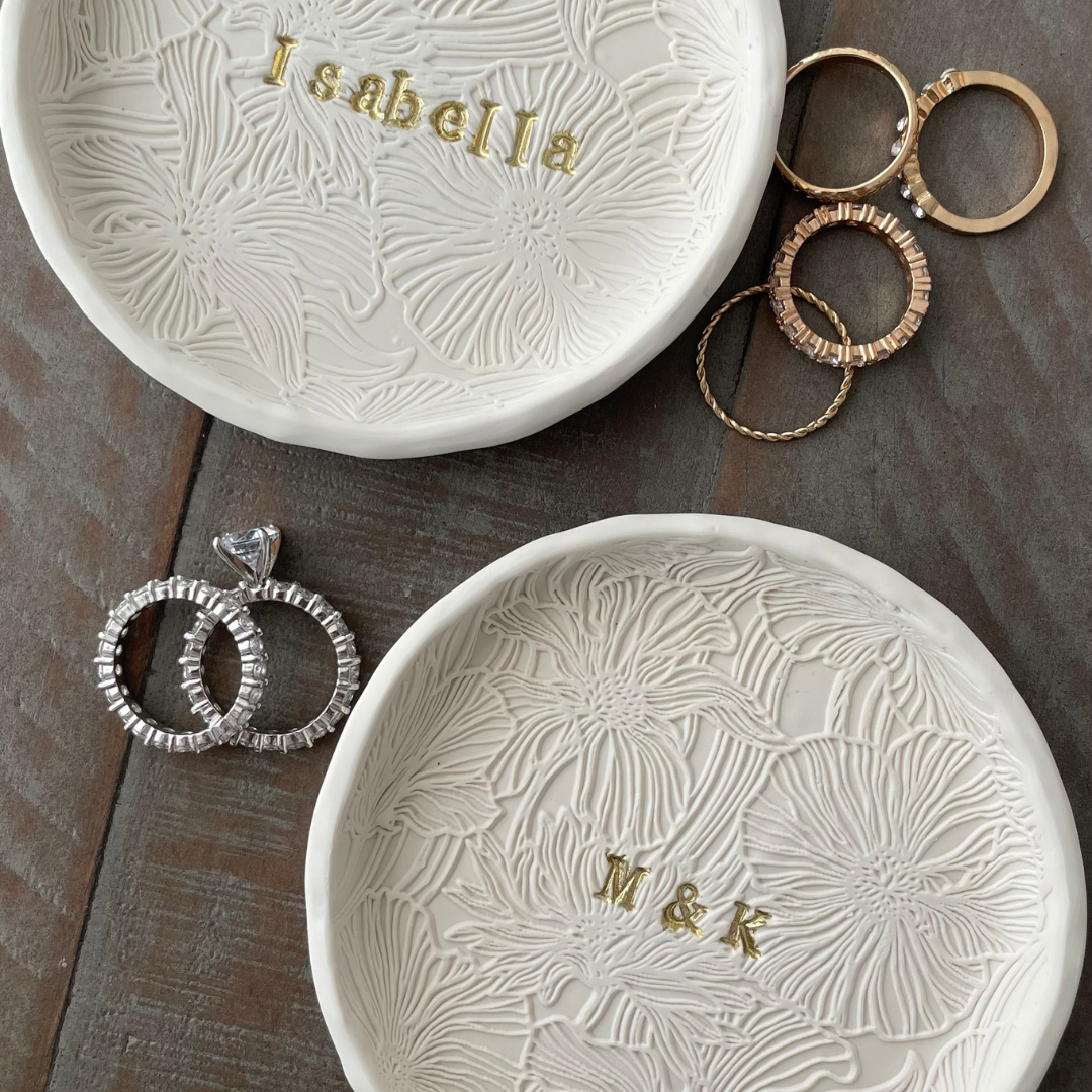 Floral personalized ring dish, custom ring holder, flower garden engagement gift, wedding gift, clay ring dish, initials, dates, names