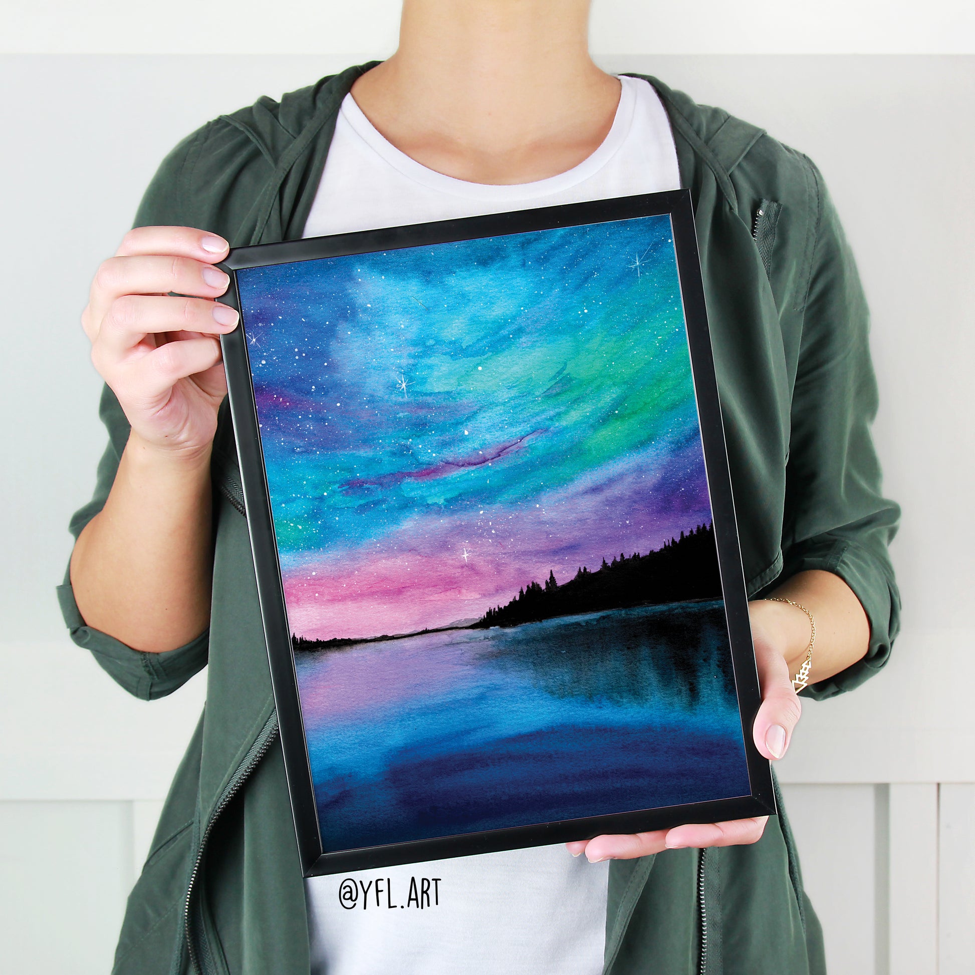 Watercolor landscape painting milky way