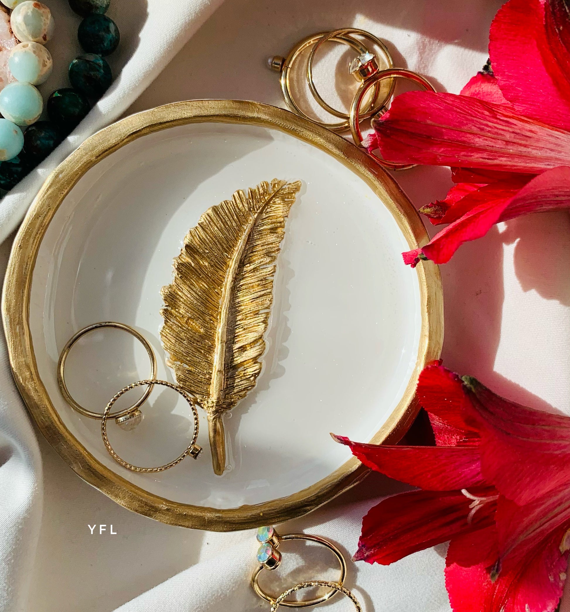 Gold Feather ring jewelry dish handmade in Ontario YFL Art & Home Decor