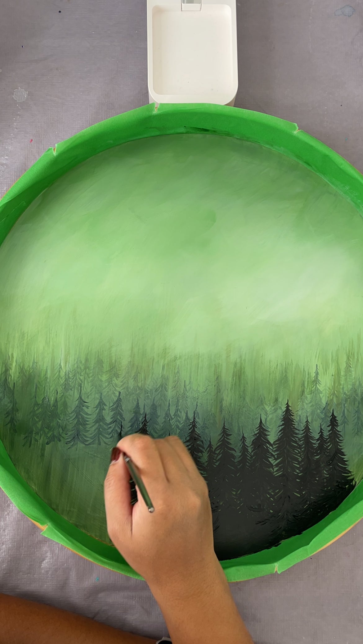 Bamboo Tray - Hand painted - Green Misty Forest Painting