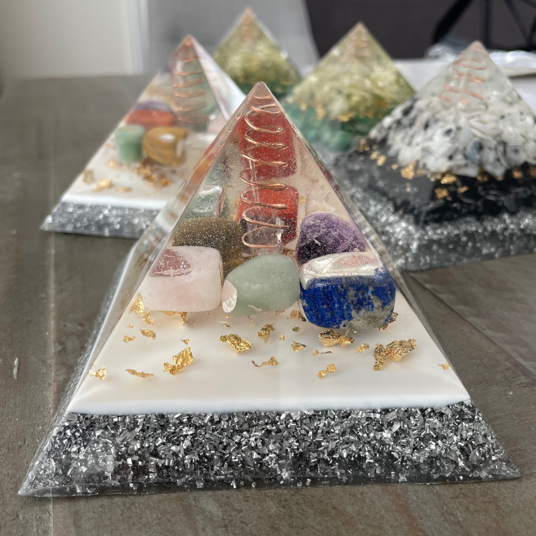 Gemstone Orgone Pyramid -  8 Chakra Stone Set and Clear Quartz