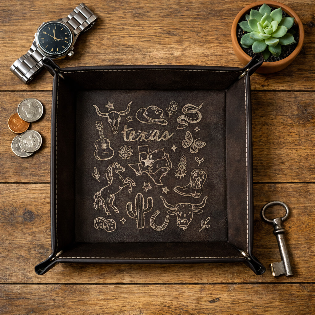 Texas Valet Tray — Laser Engraved Leatherette | Men's Catchall Tray | Texas Gift