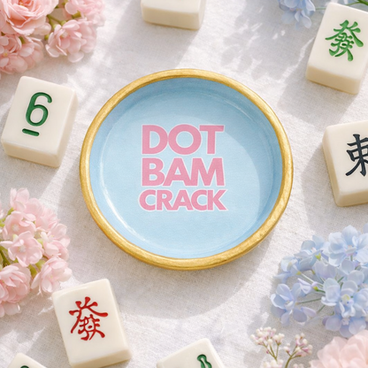 Decorative plate with 'Dot Bam Crack' text surrounded by decorative Mahjong tiles and flowers Mahjong Gift