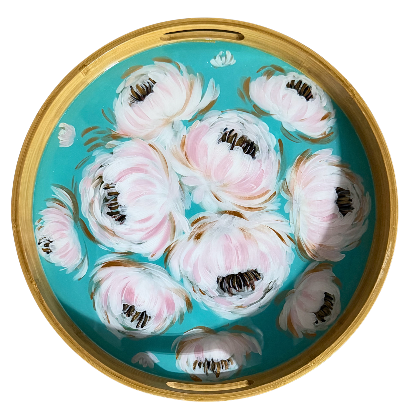 Handpainted bamboo serving tray featuring loose, abstract floral and peony brushwork, styled with a coffee mug and books