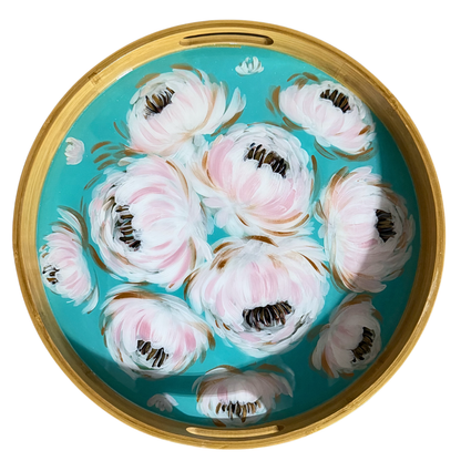 Handpainted bamboo serving tray featuring loose, abstract floral and peony brushwork, styled with a coffee mug and books