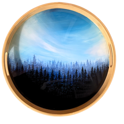 Blue misty forest hand painted wooden tray - Bamboo Tray - Hand painted