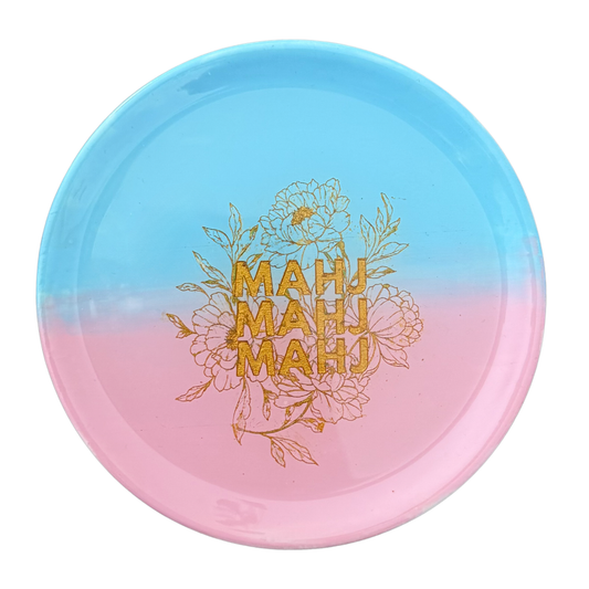 Gradient blue to pink disc with floral design and 'MAHJ' text on a white background Mahjong Gift