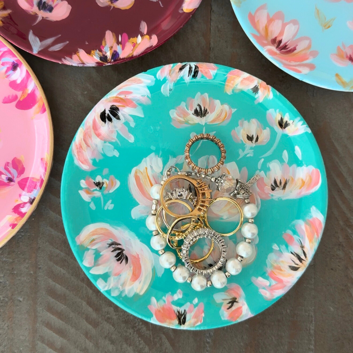 Handpainted Floral Trinket Tray | Artisan Jewelry Catchall - Turquoise