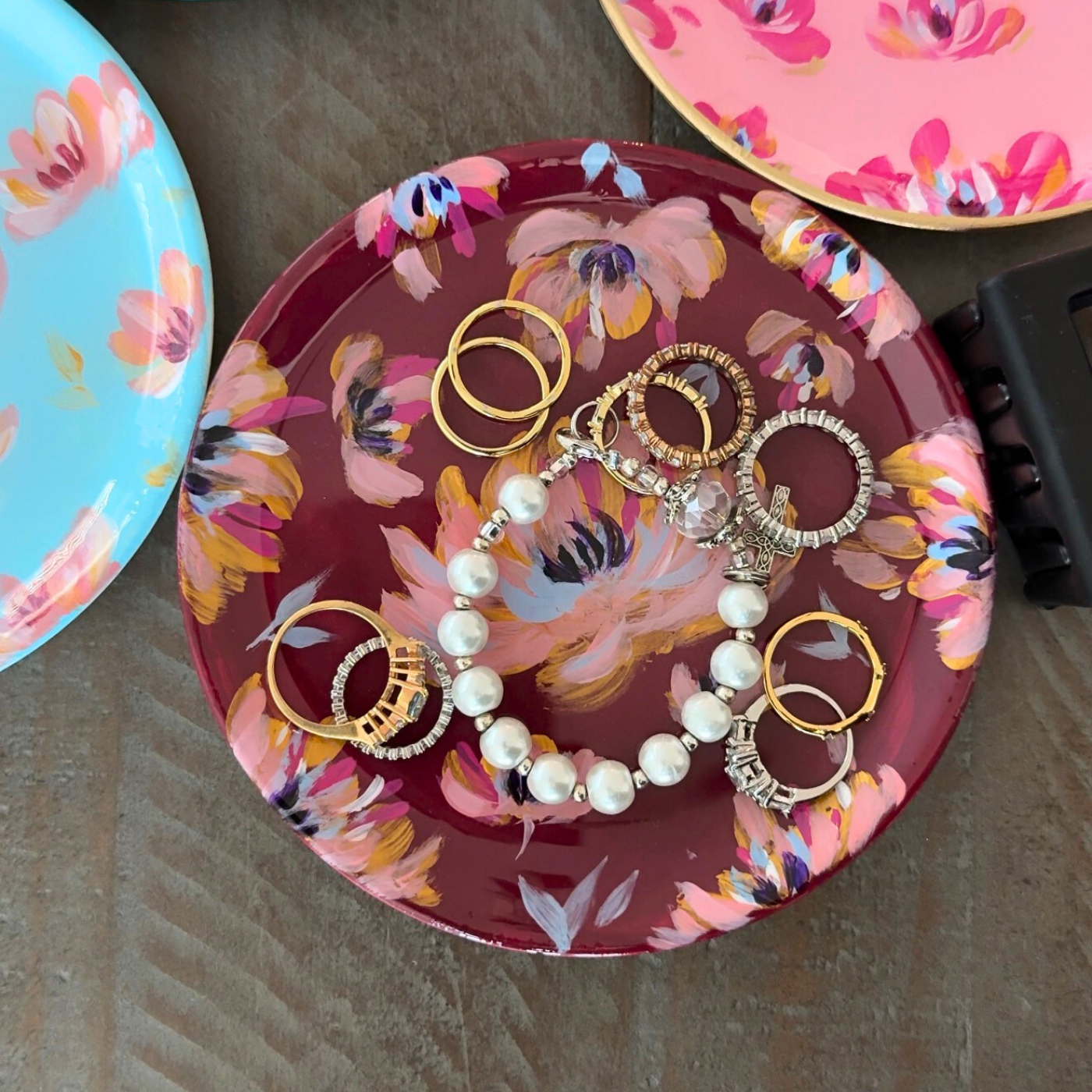 Handpainted Floral Trinket Tray | Artisan Jewelry Catchall - Maroon