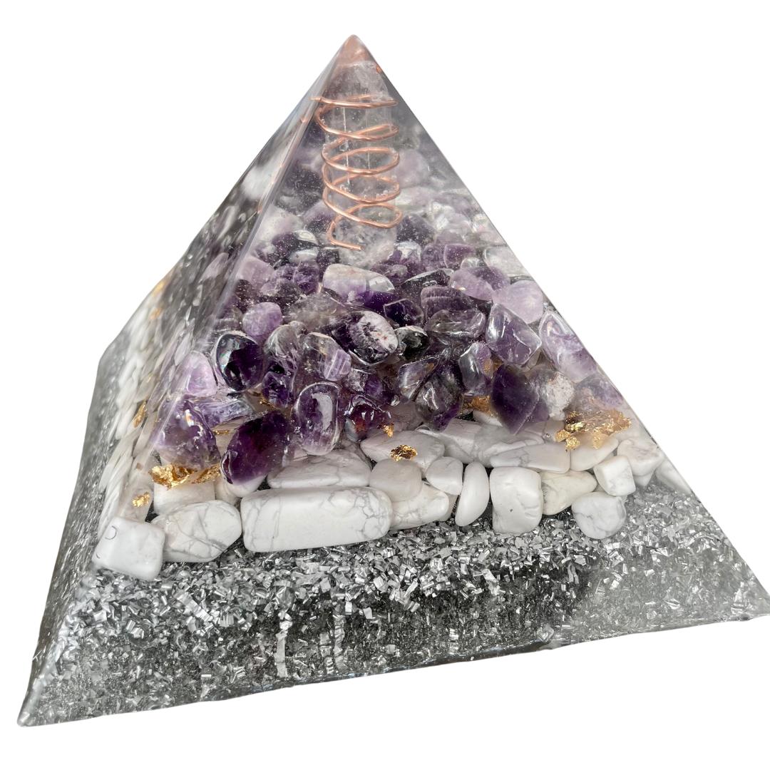 Gemstone Orgone Pyramid - Amethyst, Howlite and Clear Quartz
