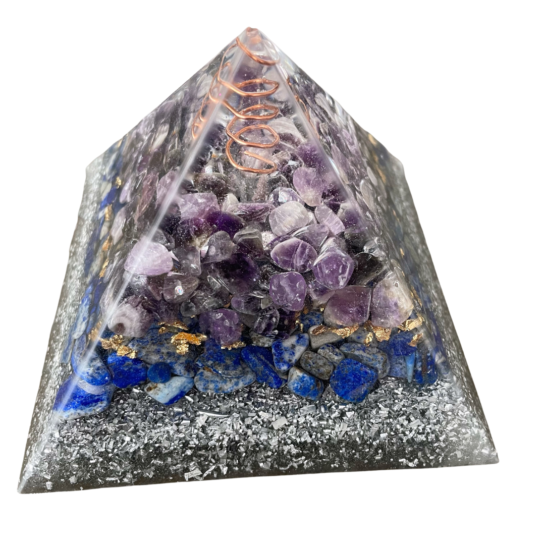 Gemstone Orgone Pyramid -  Amethyst, Lapis Lazuli and Clear Quartz