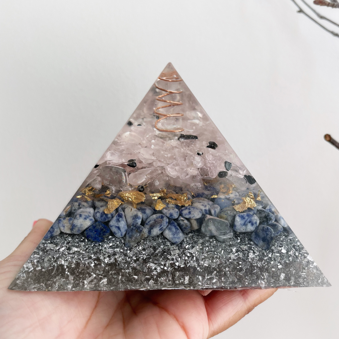 Gemstone Orgone Pyramid -  Rose Quartz, Sodalite and Clear Quartz