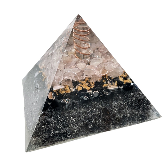 Gemstone Orgone Pyramid - Rose Quartz, Tourmaline, Obsidian and Clear Quartz
