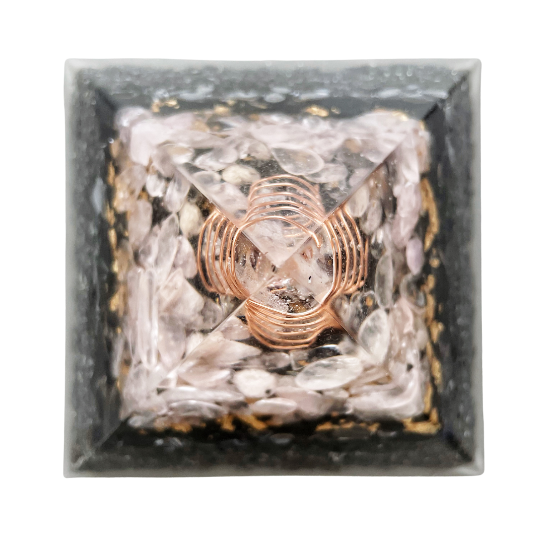 Gemstone Orgone Pyramid - Rose Quartz, Tourmaline, Obsidian and Clear Quartz