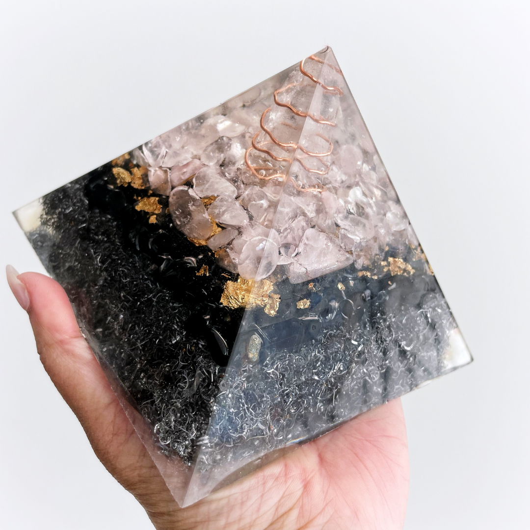 Gemstone Orgone Pyramid - Rose Quartz, Tourmaline, Obsidian and Clear Quartz