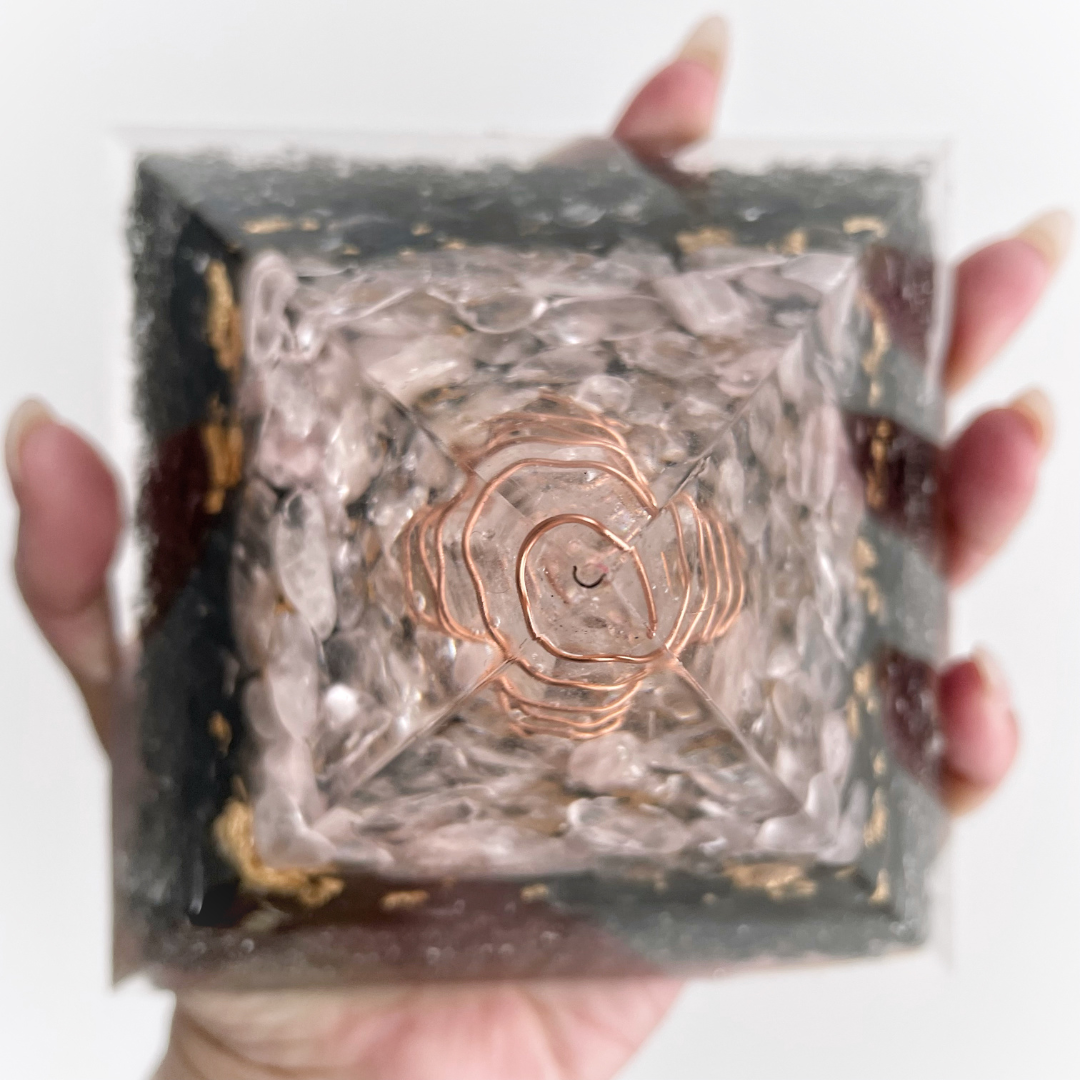 Gemstone Orgone Pyramid - Rose Quartz, Tourmaline, Obsidian and Clear Quartz