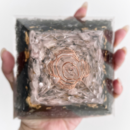Gemstone Orgone Pyramid - Rose Quartz, Tourmaline, Obsidian and Clear Quartz