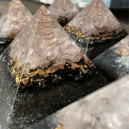 Gemstone Orgone Pyramid - Rose Quartz, Tourmaline, Obsidian and Clear Quartz