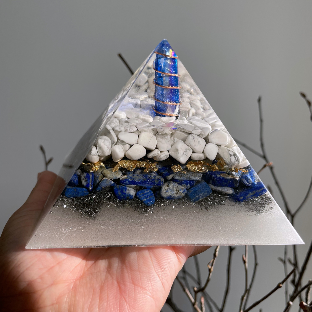 Gemstone Orgone Pyramid - Howlite, Lapis Lazuli and Blue Angel Aura Quartz