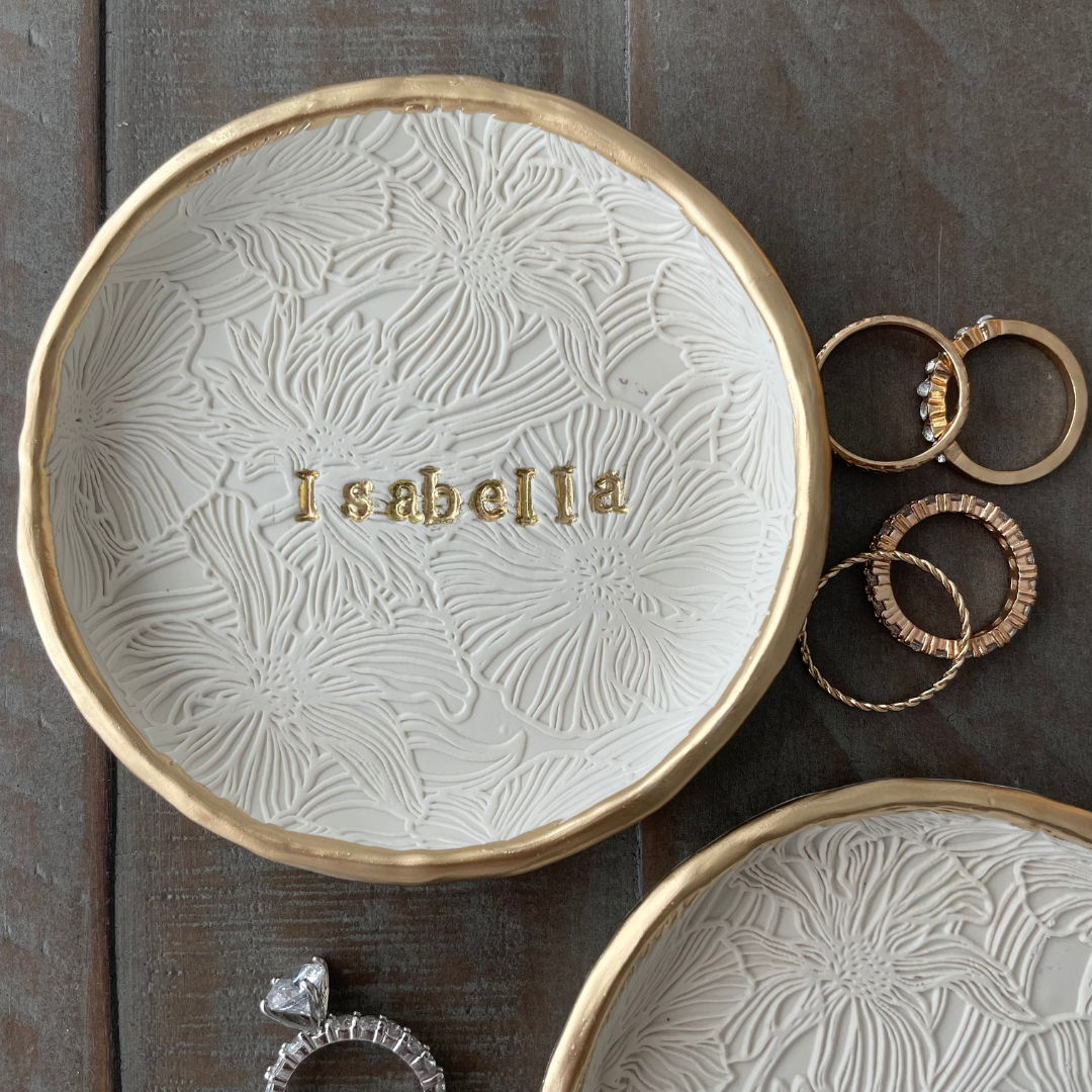 personalized ring dish, custom ring holder, flower garden engagement gift, wedding gift, clay ring dish, initials, dates, names