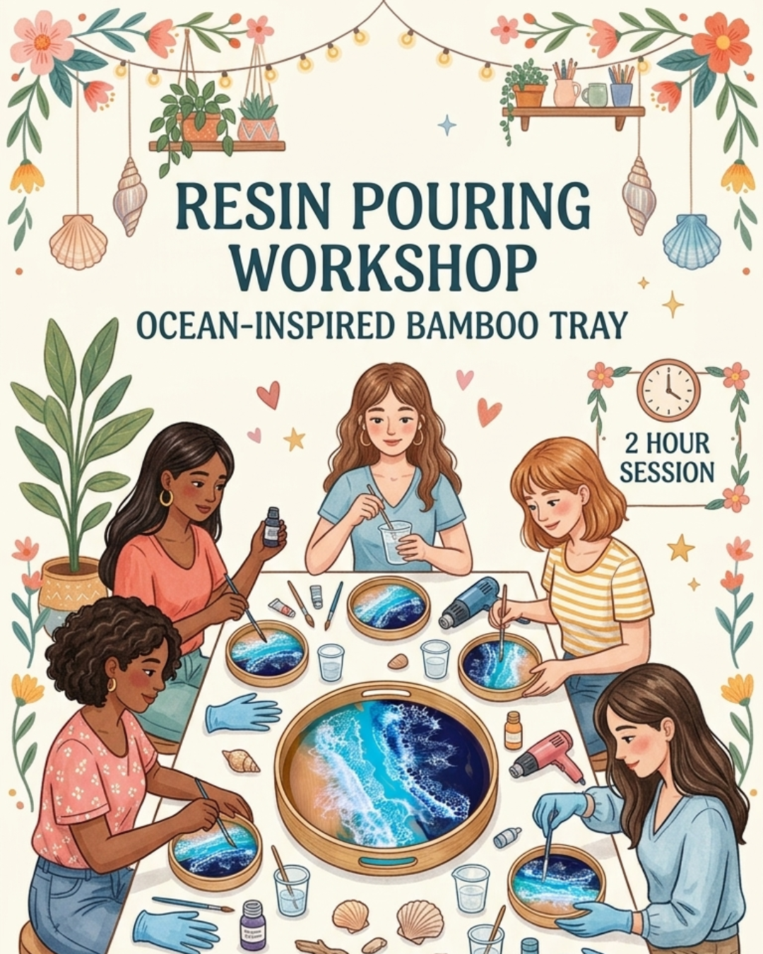 Illustrated promotional graphic for a resin pouring workshop focused on ocean-inspired bamboo trays, showing five women gathered around a table with small resin dishes, tools, and decorative elements. Large text reads 'RESIN POURING WORKSHOP' and 'OCEAN-INSPIRED BAMBOO TRAY,' with a badge noting '2 HOUR SESSION.