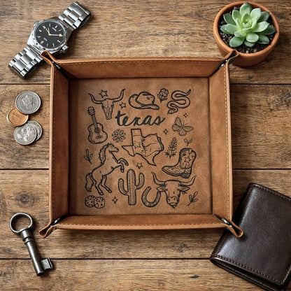 Texas Valet Tray — Laser Engraved Leatherette | Men's Catchall Tray | Texas Gift