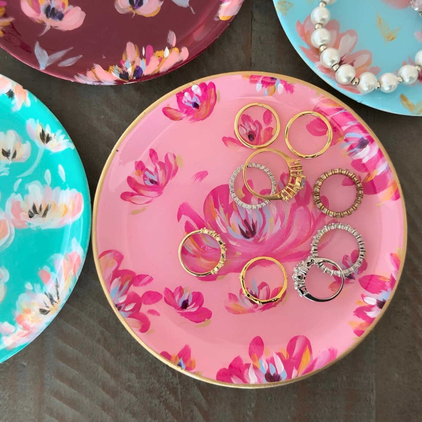 Handpainted Floral Trinket Tray | Artisan Jewelry Catchall - Pink
