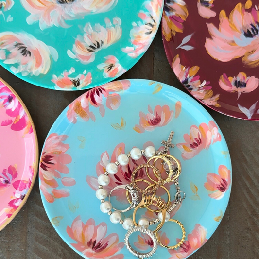 Handpainted Floral Trinket Tray | Artisan Jewelry Catchall - Light Blue