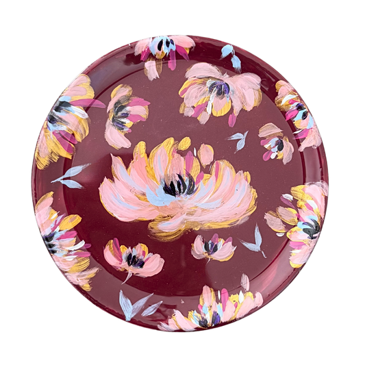 Handpainted Floral Trinket Tray | Artisan Jewelry Catchall - Maroon
