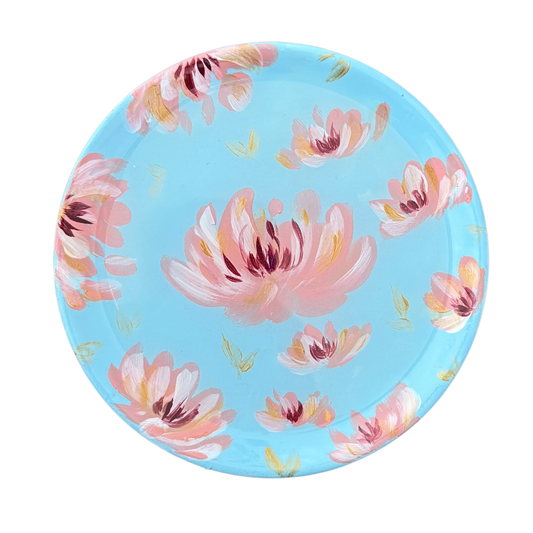Handpainted Floral Trinket Tray | Artisan Jewelry Catchall - Light Blue