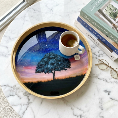 Landscape hand painted wooden tray - Bamboo Tray - Hand painted