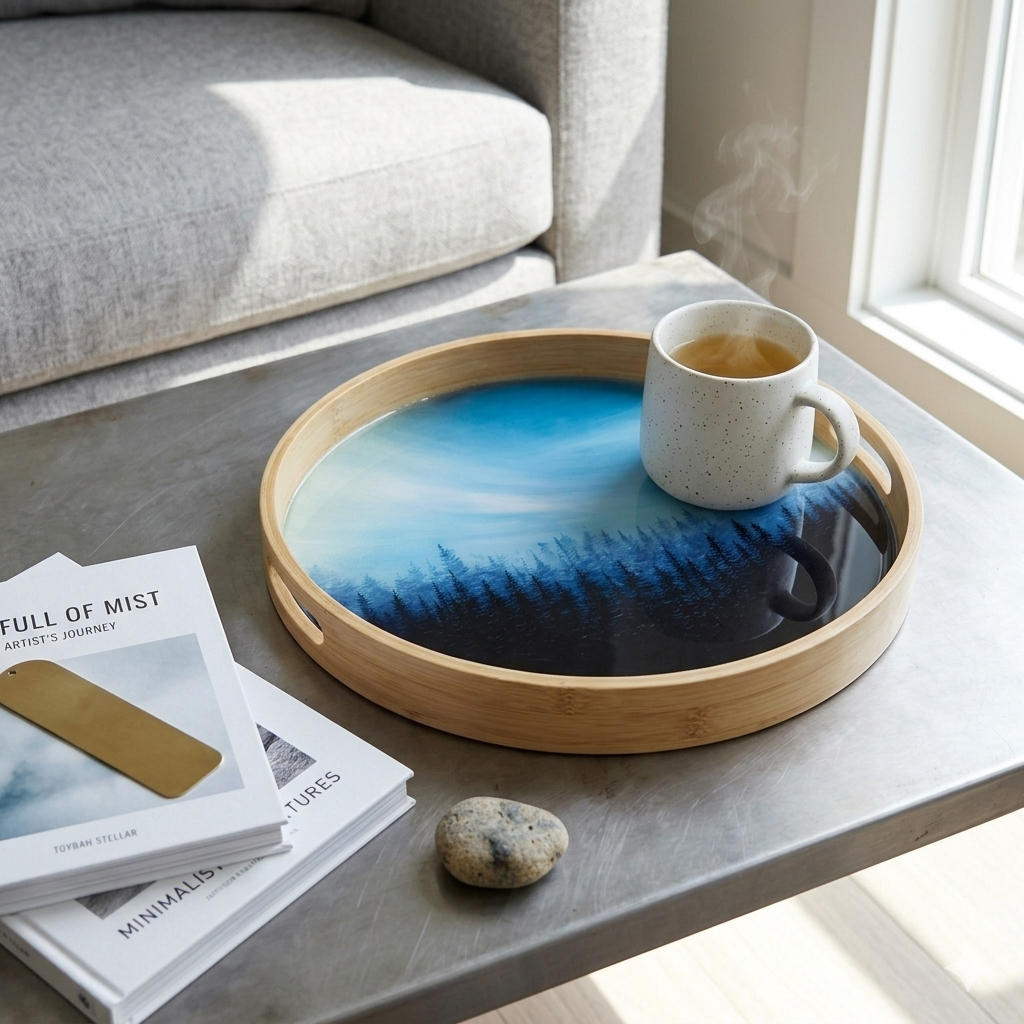 Blue misty forest hand painted wooden tray - Bamboo Tray - Hand painted