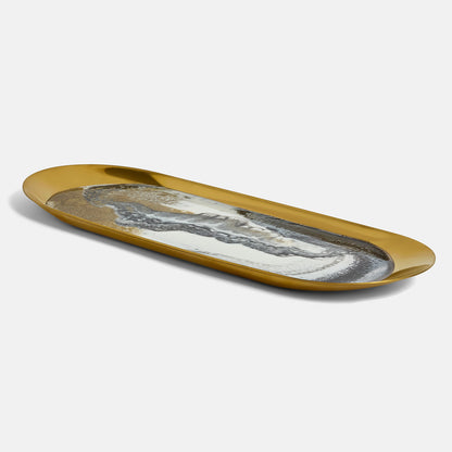 Oval-shaped tray with marbled design and gold rim on a white background