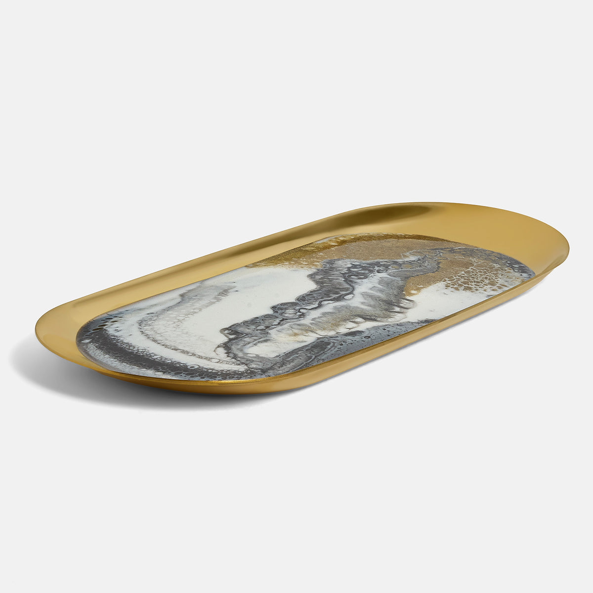 Long, oval-shaped tray with a gold rim and marble-like design on a white background