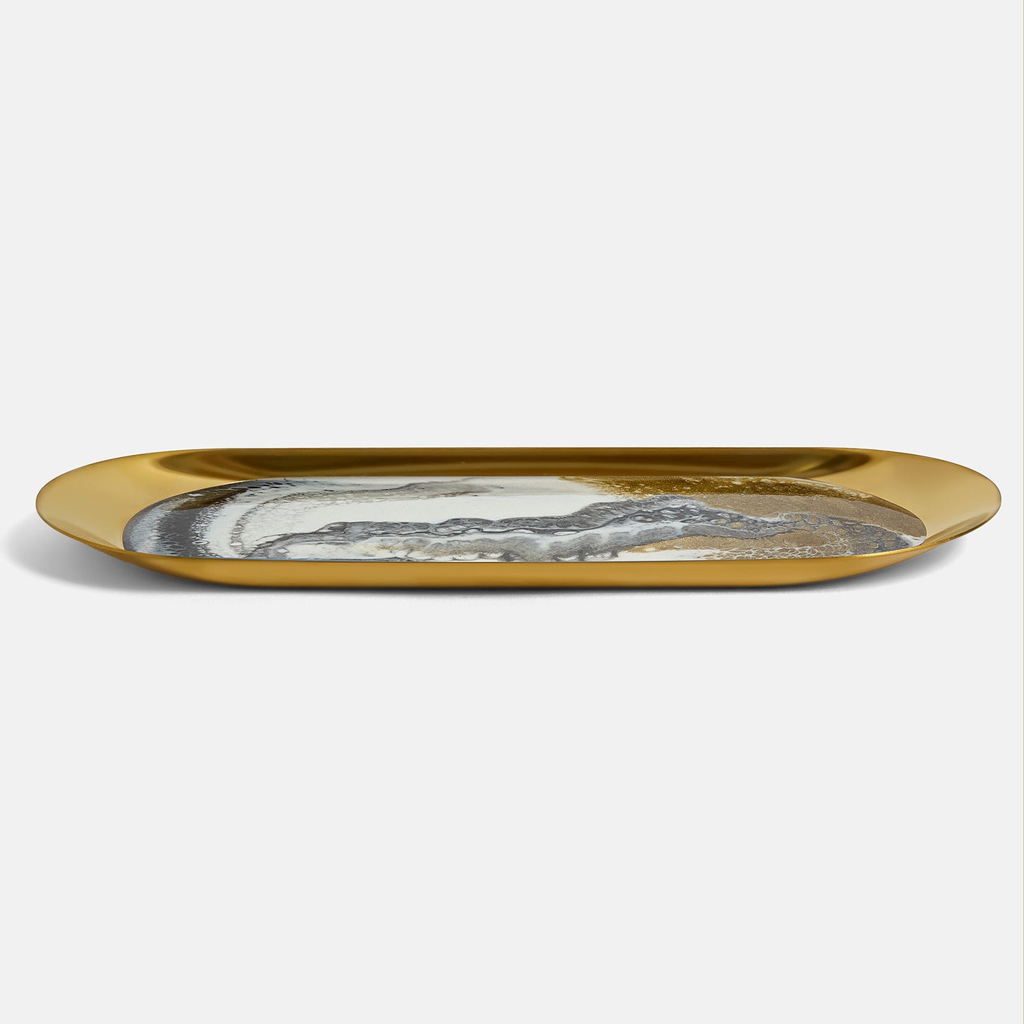 Gold tray with a marble-like design on a white background