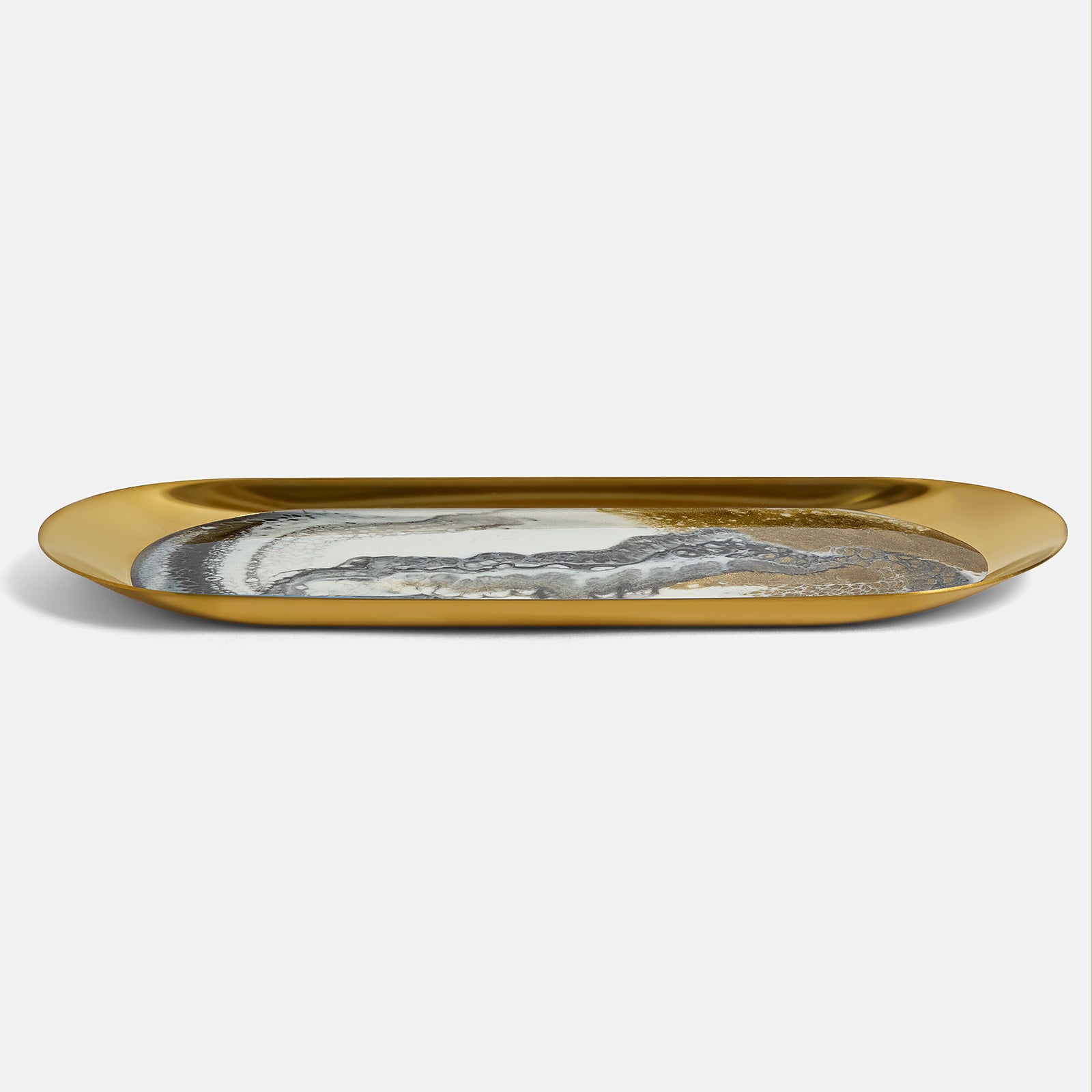 Gold tray with a marble-like design on a white background