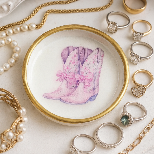 Ring Dish with Pink Bow Cowboy Boots made in texas