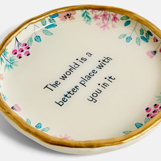 Decorative Ring Dish with floral design and motivational quote on a white background