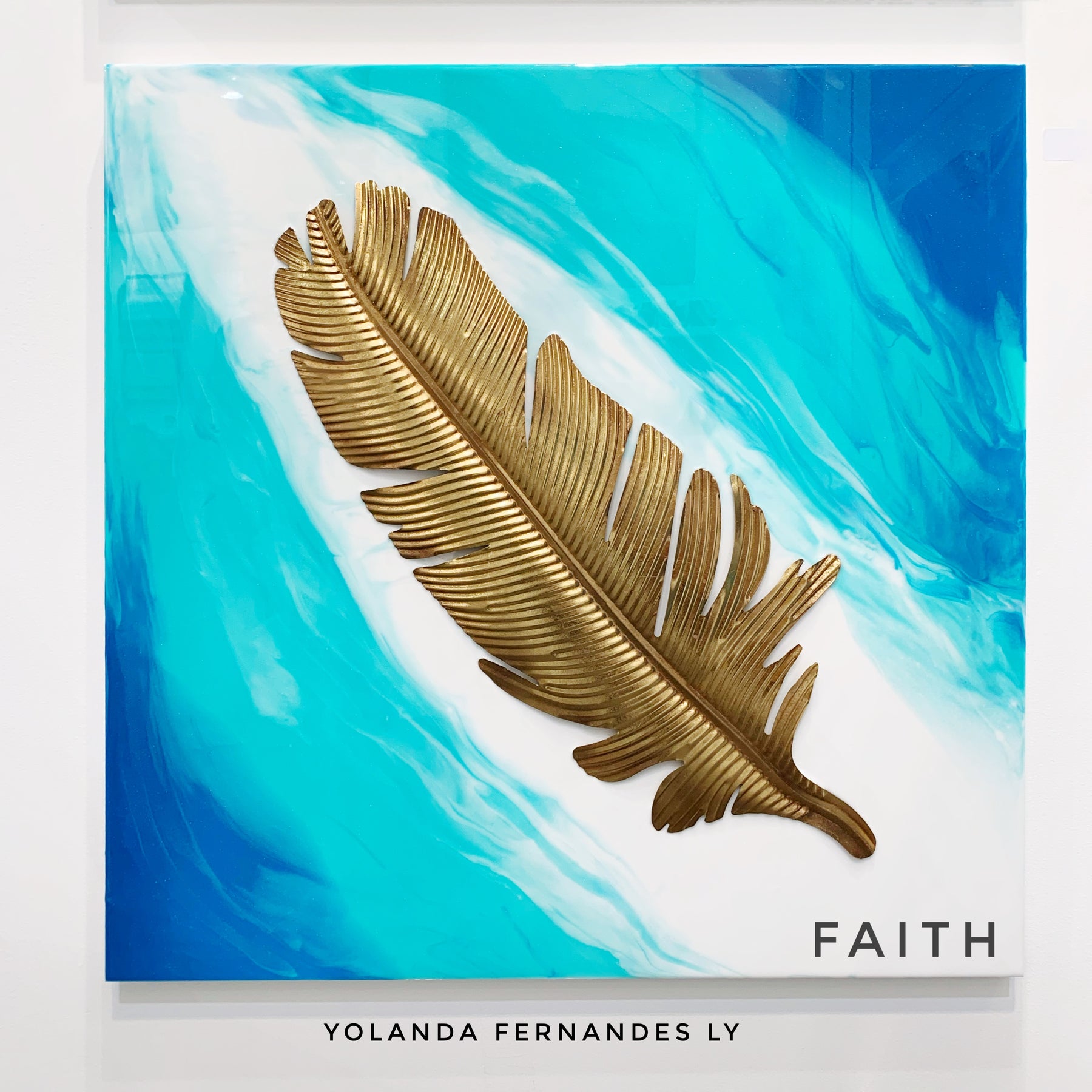 Original Painting - 3 feet by 3 feet - "Faith" - Resin painting with Brass feather accent