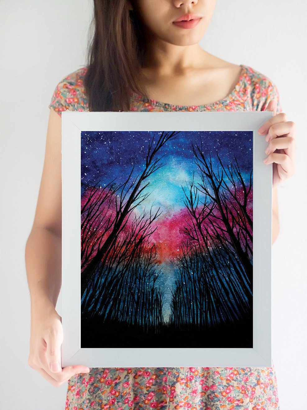 Watercolor forest milky way art print